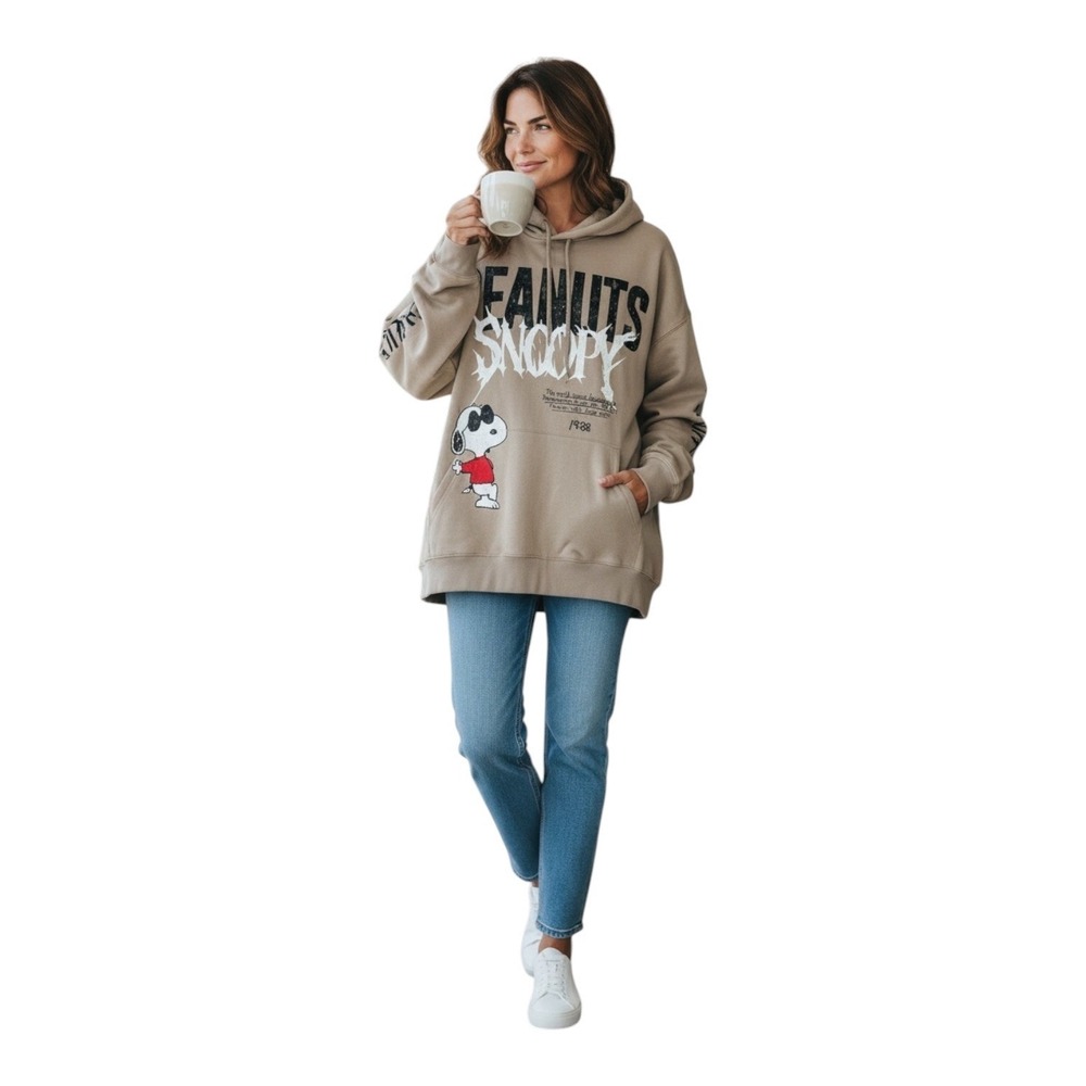 Peanuts Snoopy Joe Cool Oversized Graphic Hoodie Khaki Tan Women L Pullover - Picture 4 of 12